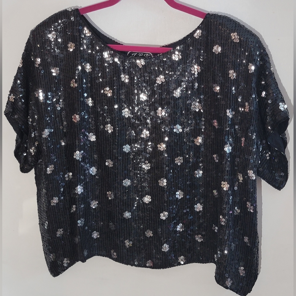 Vintage Silk Sequin Black Boxy Top